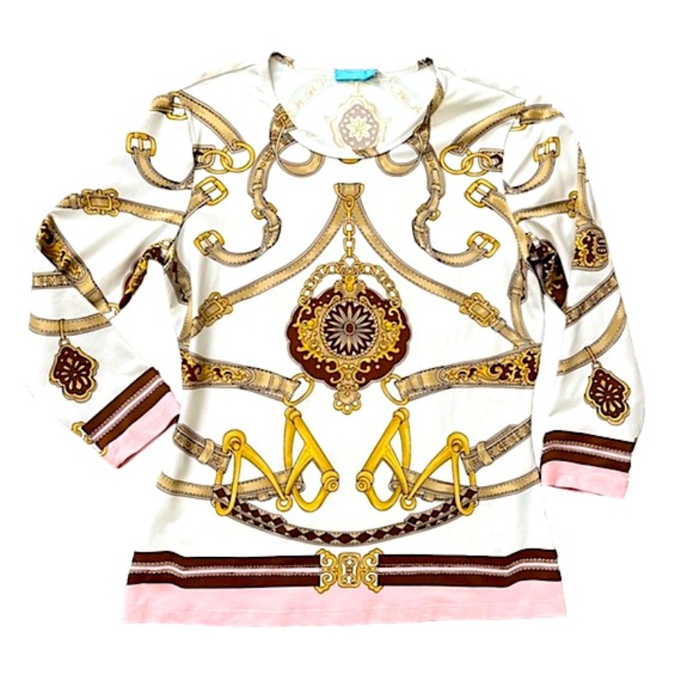 J. MCLAUGHLIN GOLD PINK EQUESTRIAN TOP STRETCH PULLOVER SIZE SMALL WHITE